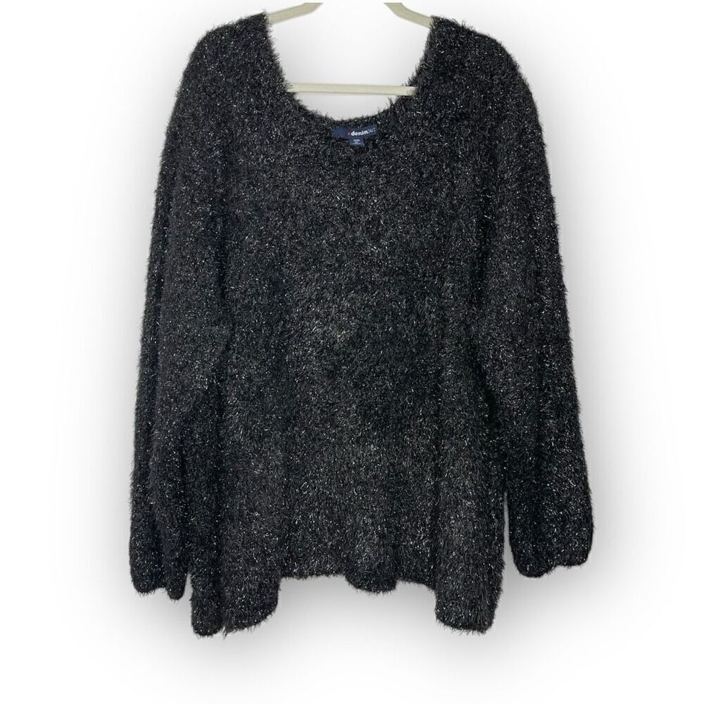 Denim 24/7 Black Metallic Eyelash Fuzzy Sweater Scoop Neck Women's Plus Size 4X